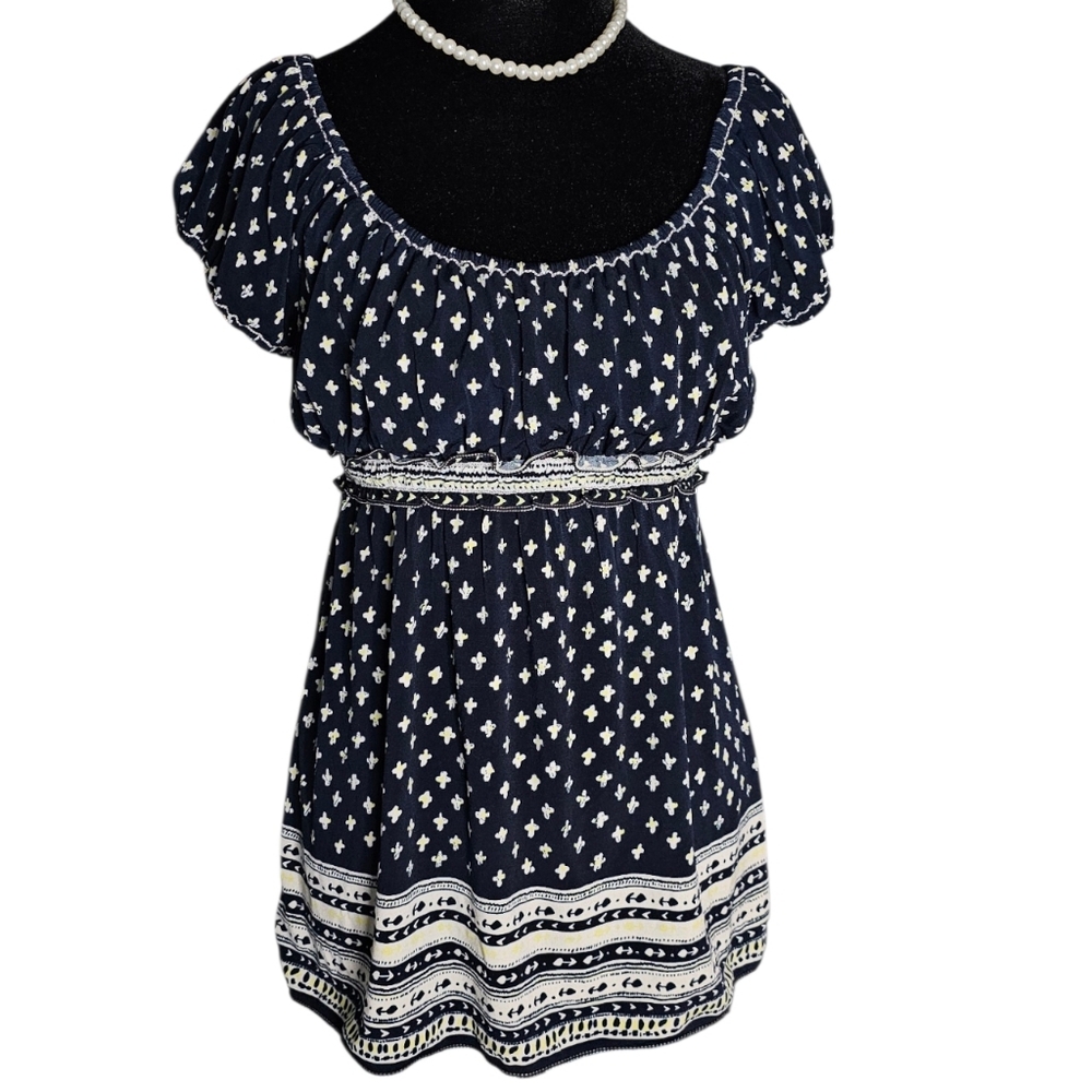 Max Studio Navy Blue Boho Empire Waist Top XS (Fits S/M)
